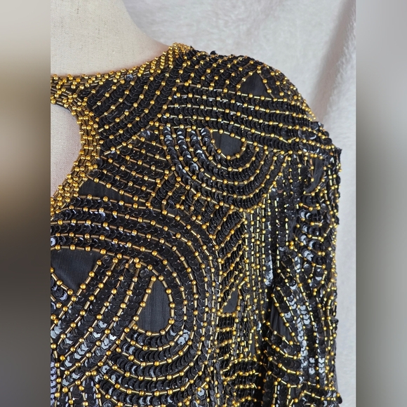 Vintage Royal Feelings Black Gold Beaded Silk Top 2X 80s Sequin Party - Picture 3 of 12